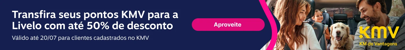 Transfira seus pontos KMV para a Livelo com até 50% de desconto. Válido até 20/07 para clientes cadastrados no KMV., imagem clicável, ir para https://kmdevantagens.com.br/categoria/10/parceiros/9874/informativo