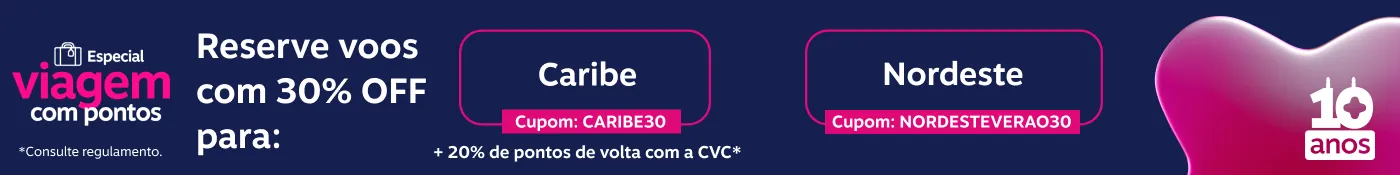 Reserve voos para o Caribe e Nordeste com: 30% OFF - Cupom: CARIBE30 + 20% de pontos de volta em voos com a CVC  | 30% OFF - Cupom: NORDESTEVERAO30, imagem clicável, ir para https://www.livelo.com.br/semana-da-viagem