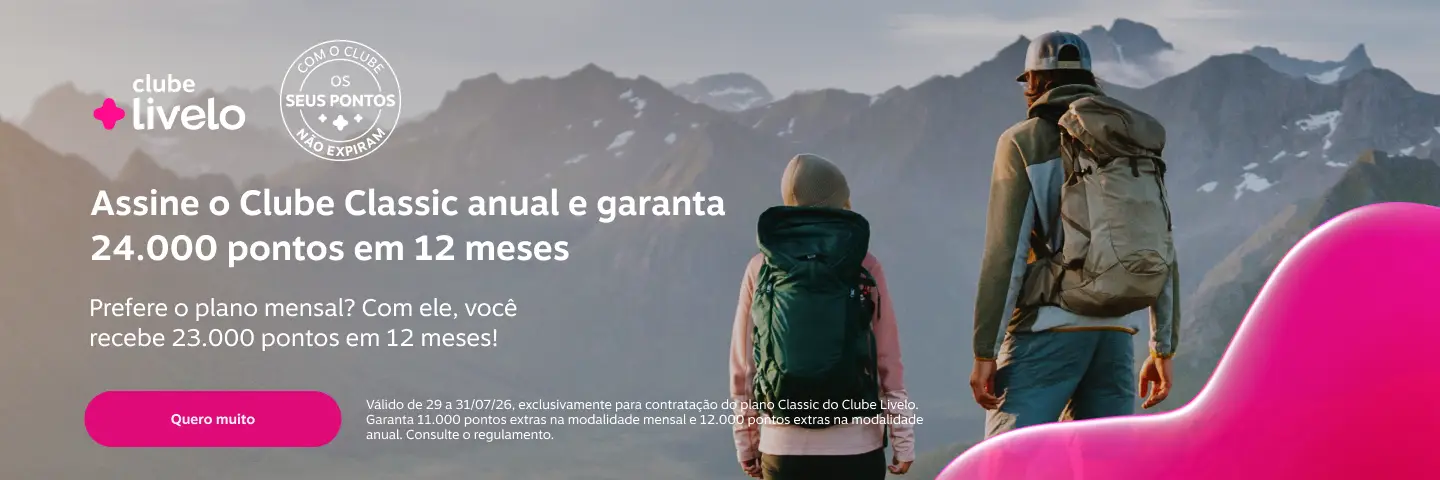 Assine o Clube Classic anual e garanta 24.000 pontos em 12 meses. Prefere o plano mensal? Com ele, você recebe 23.000 pontos em 12 meses! 