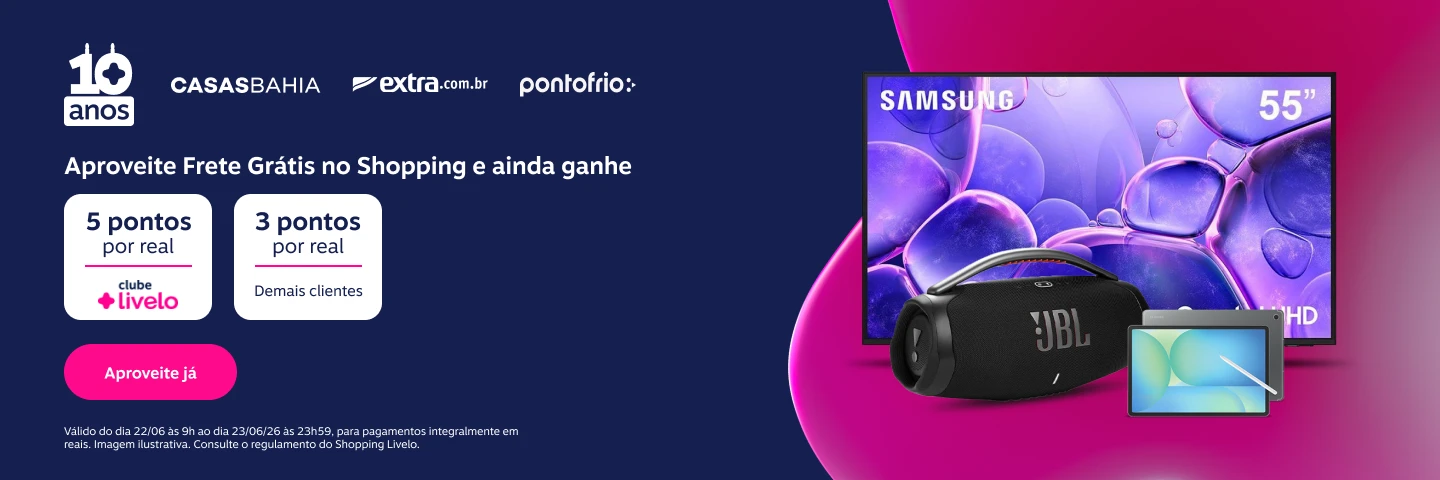 Casas Bahia, Extra e Pontofrio. Aproveite Frete Grátis no Shopping e ainda ganhe 5 pontos por real com o Clube. Demais clientes ganham 3 pontos por real. Frete Grátis. Aniversário 10 anos Livelo.