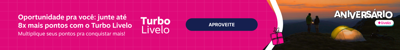 Oportunidade pra você: junte até 8x mais pontos com o Turbo Livelo. Garanta muitos pontos e conquiste recompensas mais rápido! , imagem clicável, ir para https://www.livelo.com.br/turbo-livelo/turbinar