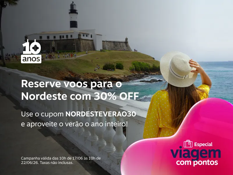 Garanta voos para o Nordeste com 30% de desconto. Use o cupom NORDESTEVERAO3 e aproveite