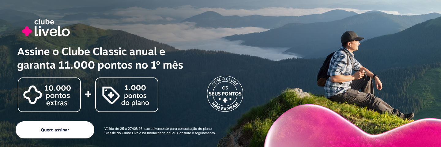 Assine o Clube Classic anual e garanta 11.000 pontos no 1º mês. Pontos extras creditados em até 72h úteis após o fim da campanha.