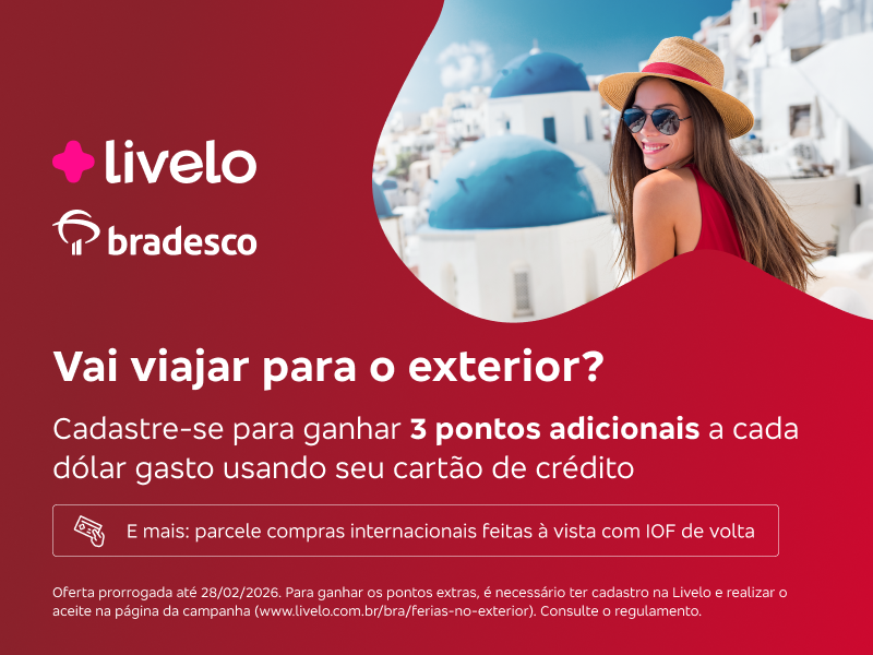 Vai viajar para o exterior? Cadastre-se para ganhar 3 pontos Livelo adicionais a cada dólar gasto usando seu cartão de crédito.