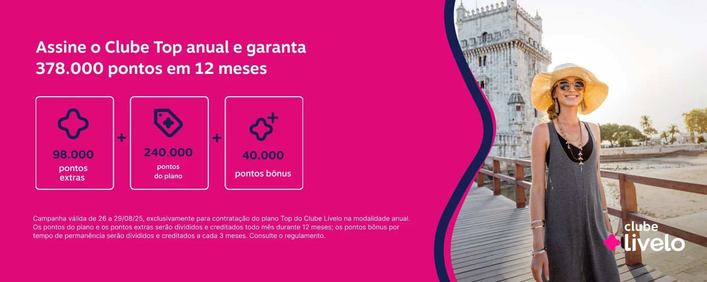 Já pensou em juntar 378.000 pontos em 12 meses? No Clube Top, você pode. Assine o plano anual e tenha vantagens para viajar 