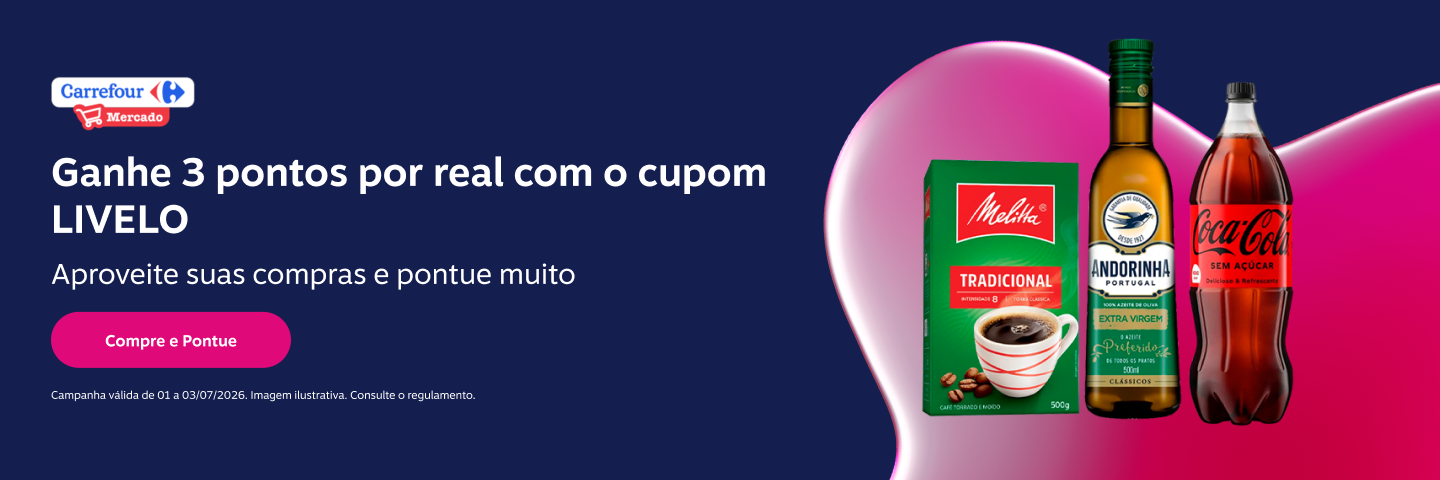 Ganhe 3 pontos por real com o cupom LIVELO no Carrefour Mercado. Aproveite suas compras e pontue muito