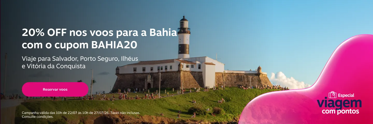 20% OFF nos voos para a Bahia. Viaje para Salvador, Porto Seguro, Ilhéus e Vitória da Conquista com o cupom BAHIA20