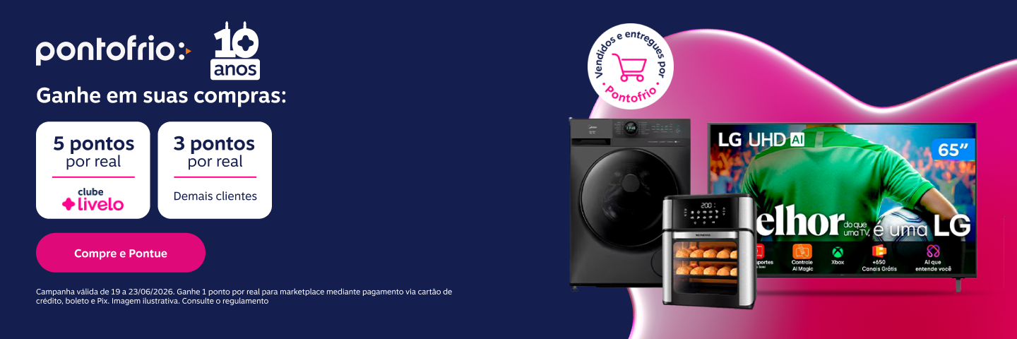Ganhe em suas compras: 4 pontos por real para assinantes do Clube Livelo e 3 pontos por real para demais clientes em produtos vendidos e entregues por Pontofrio
