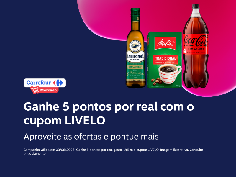 Ganhe 5 pontos por real com o cupom LIVELO no Carrefour Mercado. Aproveite as ofertas e pontue mais 