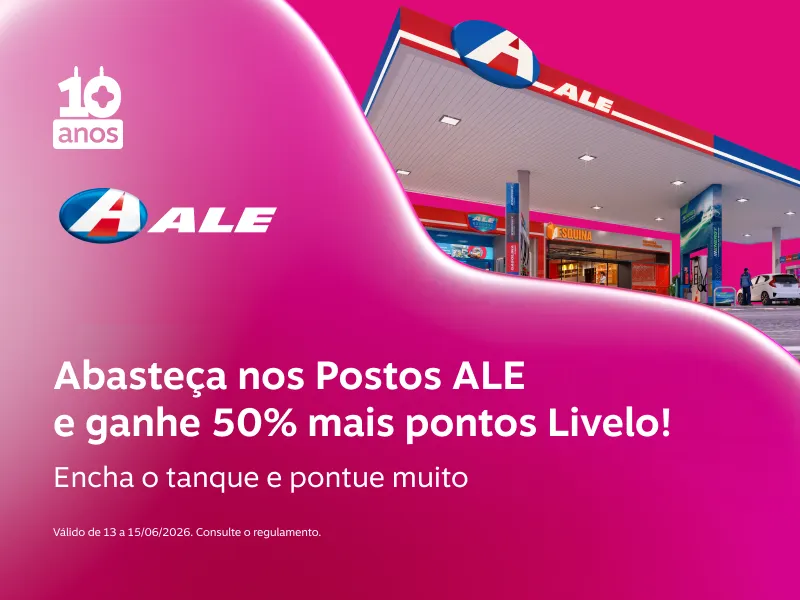 Abasteça nos Postos ALE e ganhe pontos Livelo! Aproveite as ofertas e pontue muito Ganhe 1 pontos a cada R$ 3 gastos em combustíveis. Pontos creditados em até 48h, acúmulo limitado a 1 vez ao dia por CPF e R$ 400.