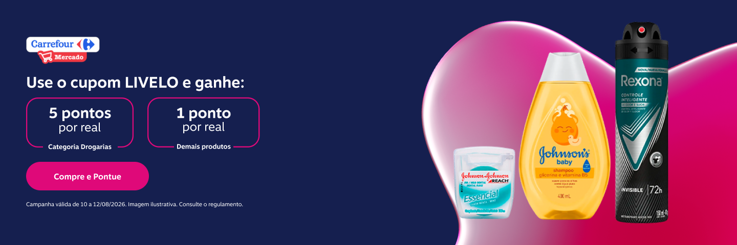 Use o cupom LIVELO e ganhe no Carrefour Mercado: 5 pontos por realna categoria Drogarias e 1 ponto por real demais produtos