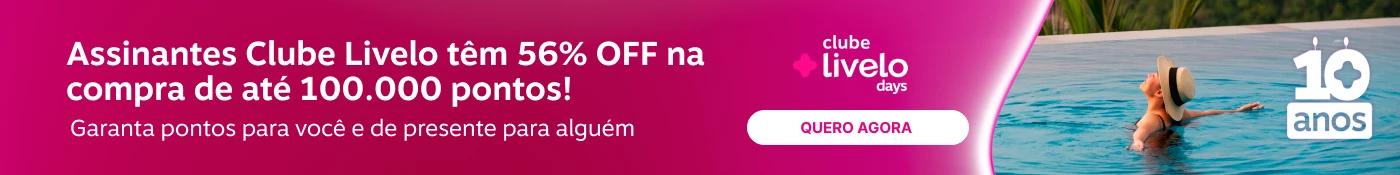 Assinantes Clube Livelo têm 56% OFF na compra de até 100.000 pontos! Garanta pontos para você e de presente para alguém, imagem clicável, ir para https://www.livelo.com.br/compra-de-pontos/produto/LIVCompraDePontos?skuId=LIVSKUCompraDePontos