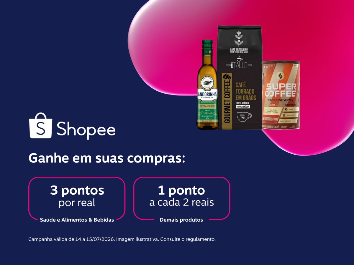 Ganhe em suas compras: 3 pontos por real em Saúde e Alimentos & Bebidas e 1 ponto a cada 2 reais gasto nos demais produtos