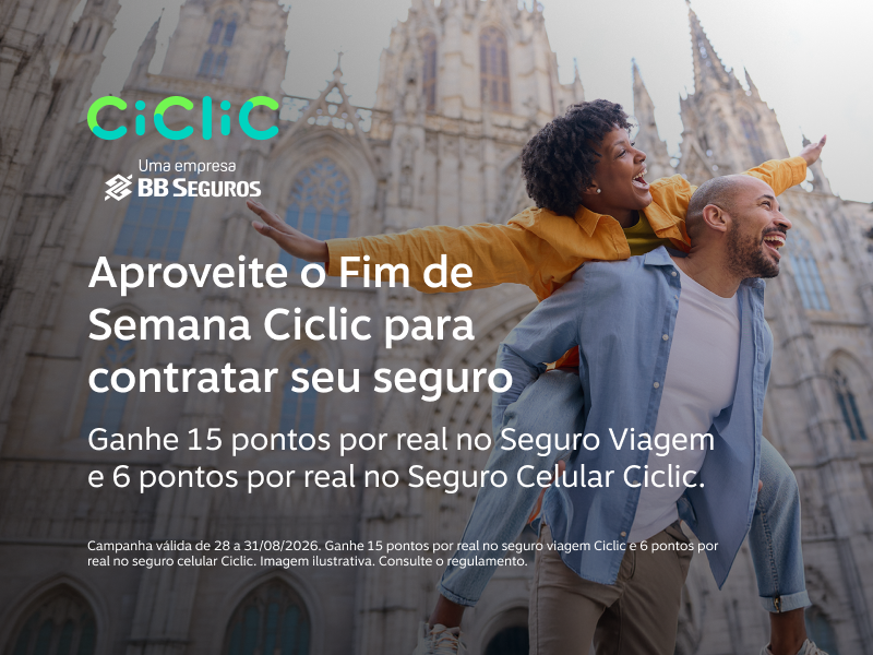Aproveite o Fim de Semana Ciclic para contratar seu seguro. Ganhe 15 pontos por real no Seguro Viagem e 6 pontos por real no Seguro Celular Ciclic.