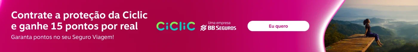 Contrate a proteção da Ciclic e ganhe 15 pontos por real. Garanta pontos no seu Seguro Viagem! , imagem clicável, ir para https://www.livelo.com.br/juntar-pontos/parceiros/ciclic/CIC