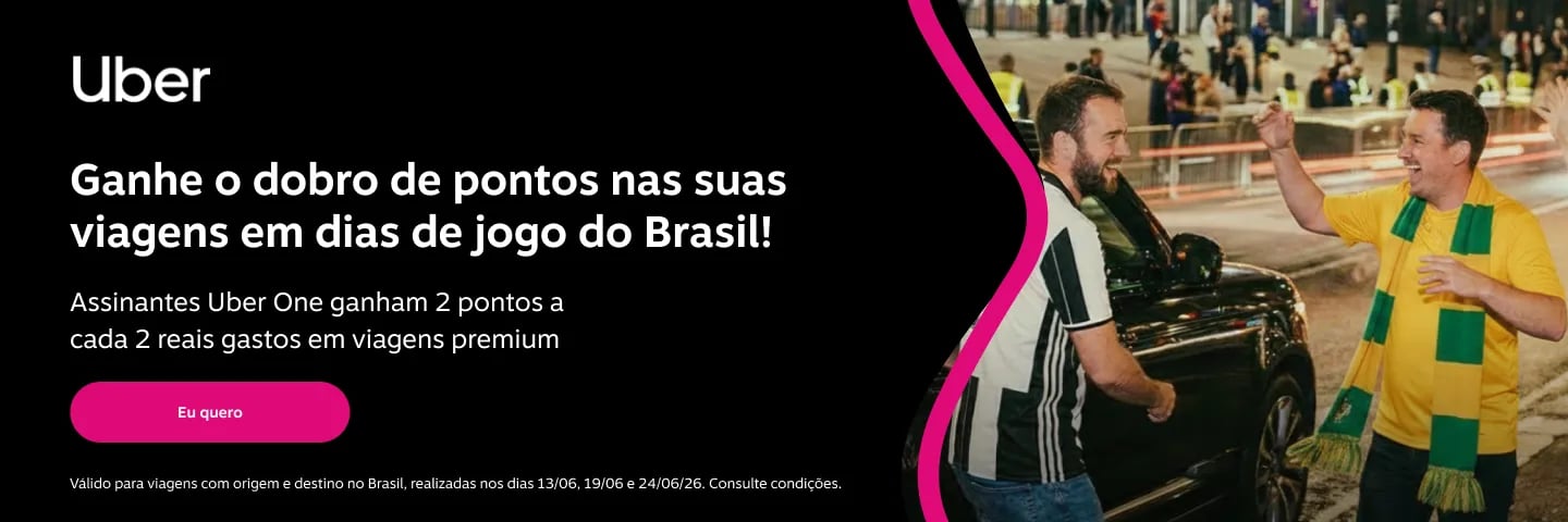 Uber Ganhe o dobro de pontos nas suas viagens em dias de jogo do Brasil! Assinantes Uber One ganham 2 pontos a cada 2 reais gastos em viagens premium