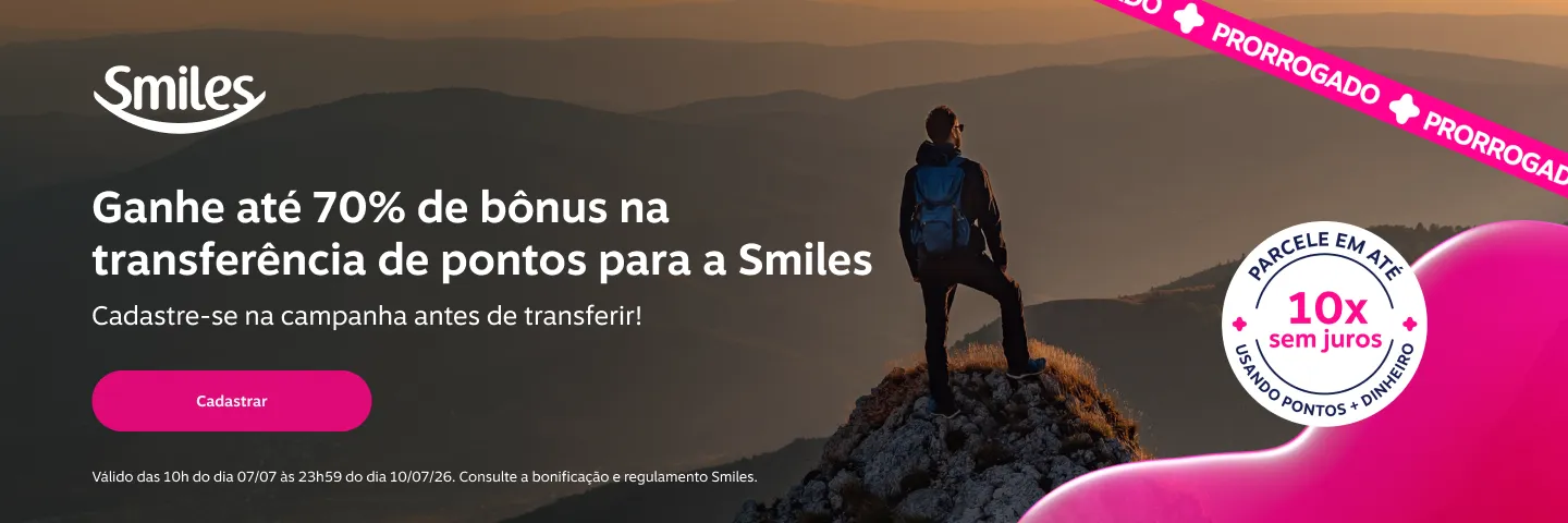 Ganhe até 70% de bônus na transferência de pontos para a Smiles. Cadastre-se na campanha antes de transferir!