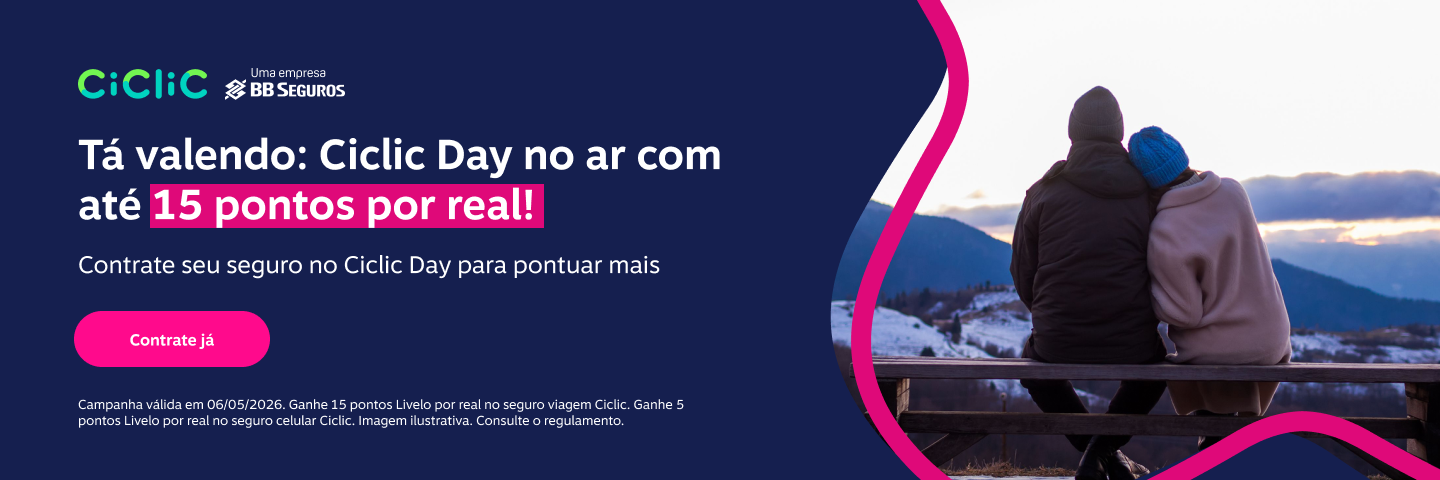 Contrate seu seguro no Ciclic Day para ganhar até 15 pontos por real! Ganhe 15 pontos por real no Seguro Viagem e 5 pontos por real no Seguro Celular