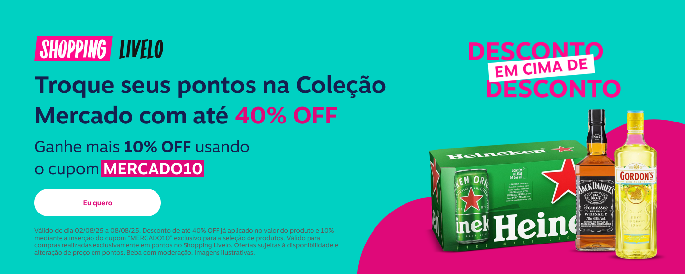 Shopping Livelo. Desconto em cima de desconto. Troque seus pontos na Coleção Mercado com até 40 por cento de desconto. Ganhe mais 10 de desconto usando o cupom MERCADO10.