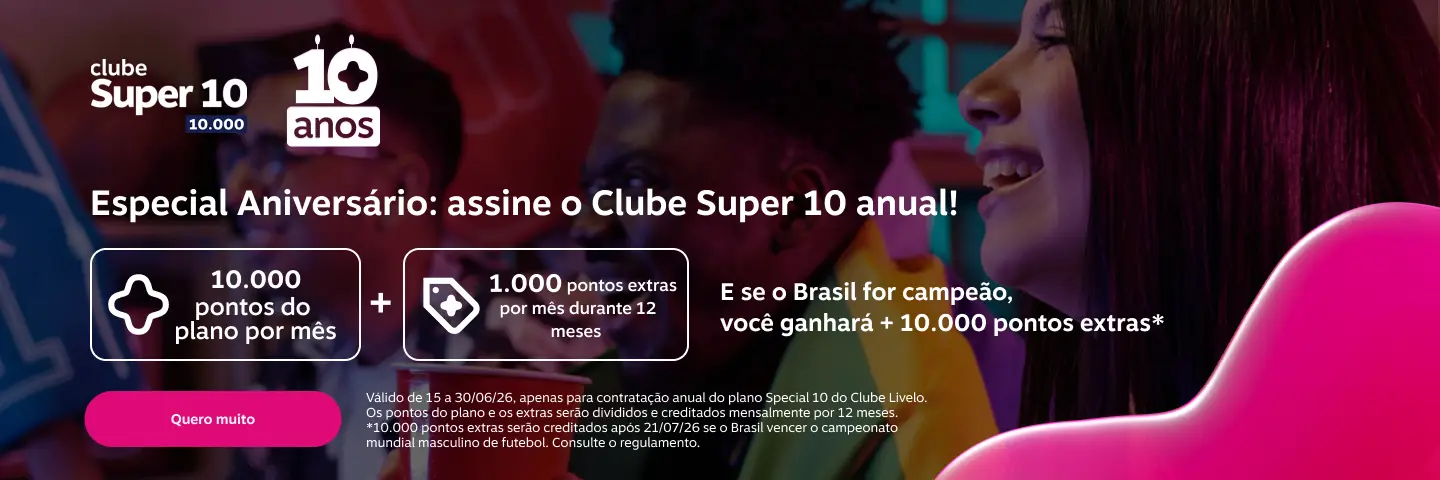 Assine o Clube Super 10 anual e junte 132.000 pontos em 12 meses. Receba 10.000 pontos do plano por mês + 1.000 pontos extras mensais por 12 meses