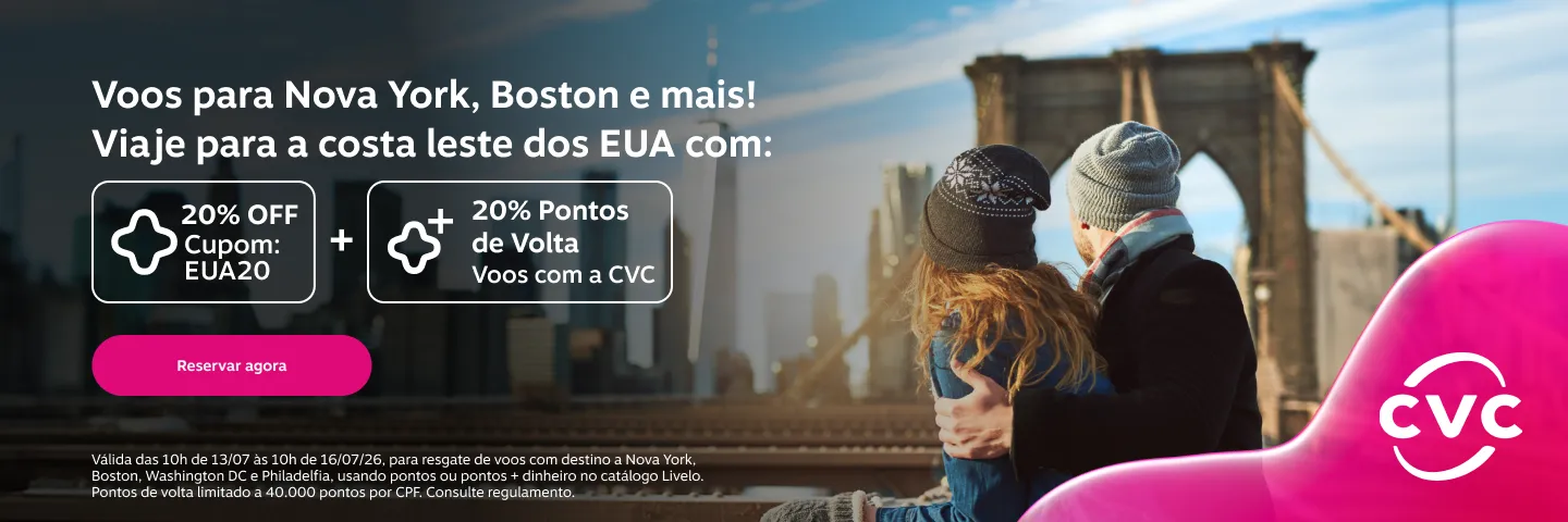 20% OFF nos voos para Nova York, Boston, Washington DC e Philadelfia. Use o cupom EUA20