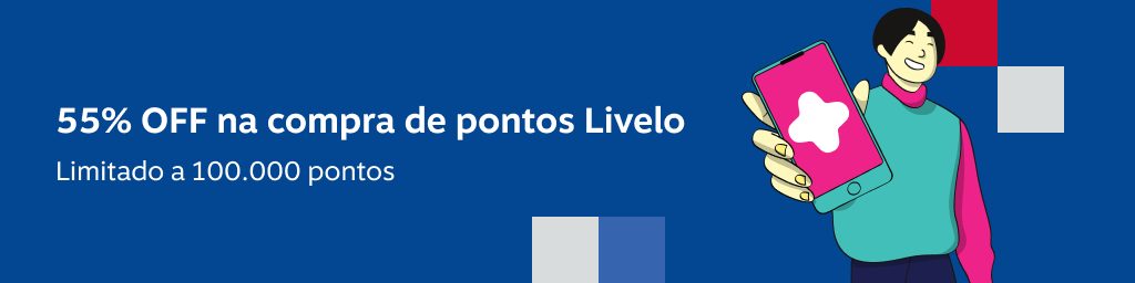55% OFF na compra de pontos Livelo. Limitado a 100.000 pontos, imagem clicável, ir para https://www.livelo.com.br/compra-de-pontos/produto/LIVCompraDePontos?skuId=LIVSKUCompraDePontos