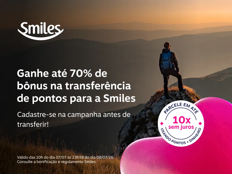 Ganhe até 70% de bônus na transferência de pontos para a Smiles. Cadastre-se na campanha antes de transferir!