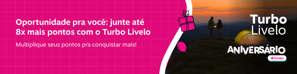 Oportunidade pra você: junte até 8x mais pontos com o Turbo Livelo. Garanta muitos pontos e conquiste recompensas mais rápido! , imagem clicável, ir para https://www.livelo.com.br/turbo-livelo/turbinar