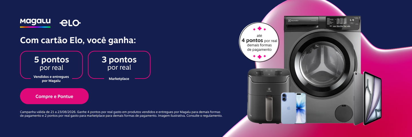 Com cartão Elo, você ganha no Magalu: 5 pontos por real em vendidos e entregues por Magalu e 3 pontos por real em produtos do marketplace 
