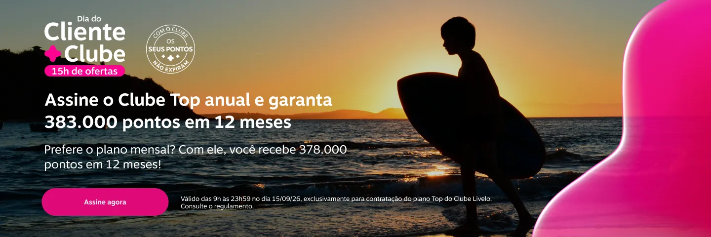 Assine o Clube Top anual e garanta 383.000 pontos em 12 meses. Prefere o plano mensal? Com ele, você recebe 378.000 pontos em 12 meses! 