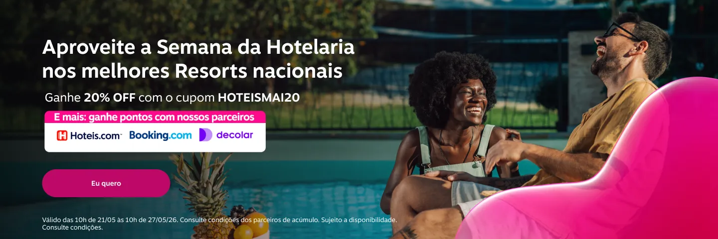  Aproveite a Semana da Hotelaria nos melhores Resorts nacionais. Ganhe 20% OFF com o cupom HOTEISMAI20 ou junte pontos com os nossos parceiros