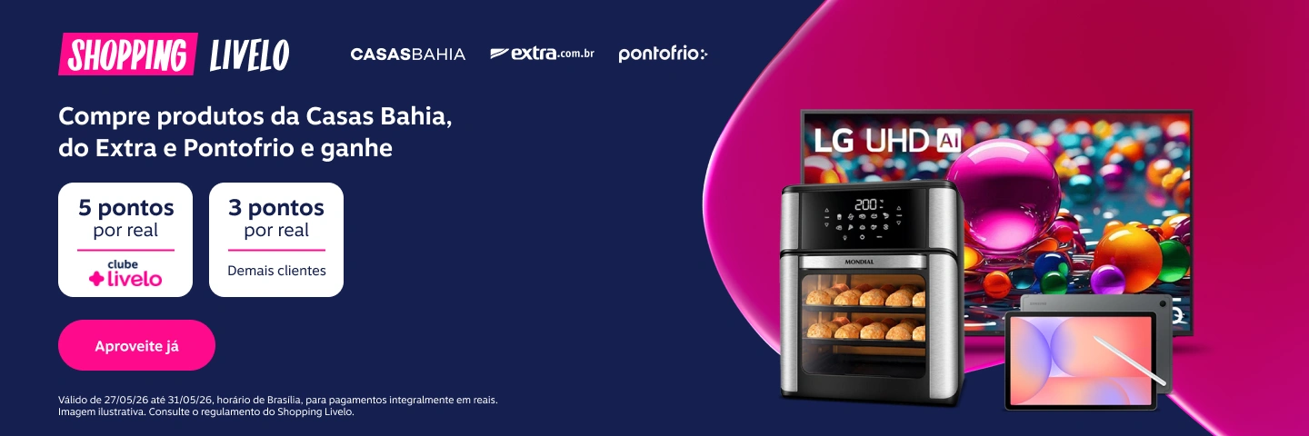 Compre produtos da Casas Bahia, do Extra e Pontofrio e ganhe 5 pontos por real com o Clube Livelo. Demais clientes ganham 3 pontos por real. Shopping Livelo.