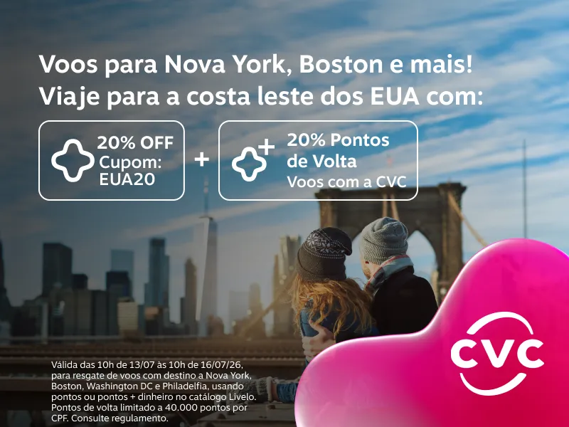 20% OFF nos voos para Nova York, Boston, Washington DC e Philadelfia. Use o cupom EUA20