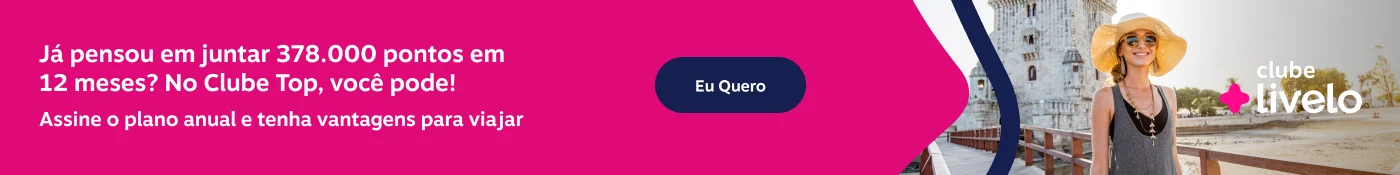 Já pensou em juntar 378.000 pontos em 12 meses? No Clube Top, você pode. Assine o plano anual e tenha vantagens para viajar , imagem clicável, ir para https://www.livelo.com.br/ofertas-clube