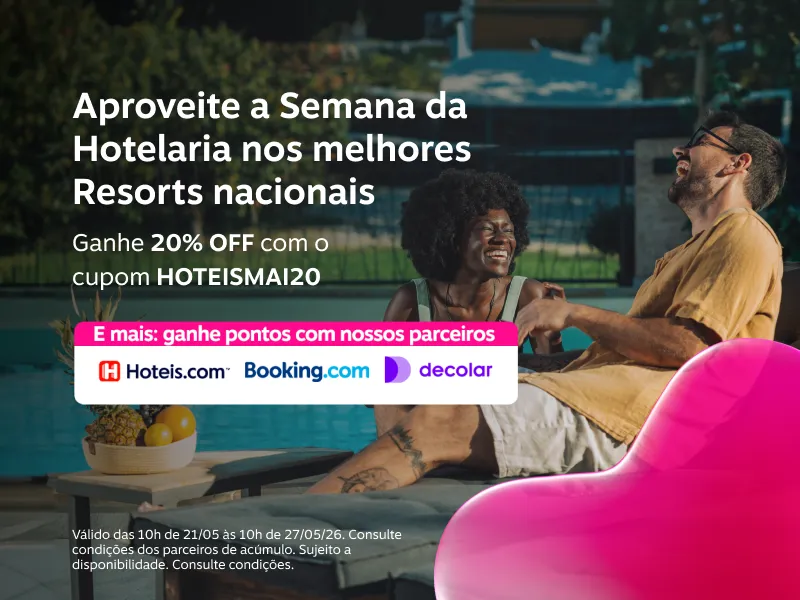  Aproveite a Semana da Hotelaria nos melhores Resorts nacionais. Ganhe 20% OFF com o cupom HOTEISMAI20 ou junte pontos com os nossos parceiros