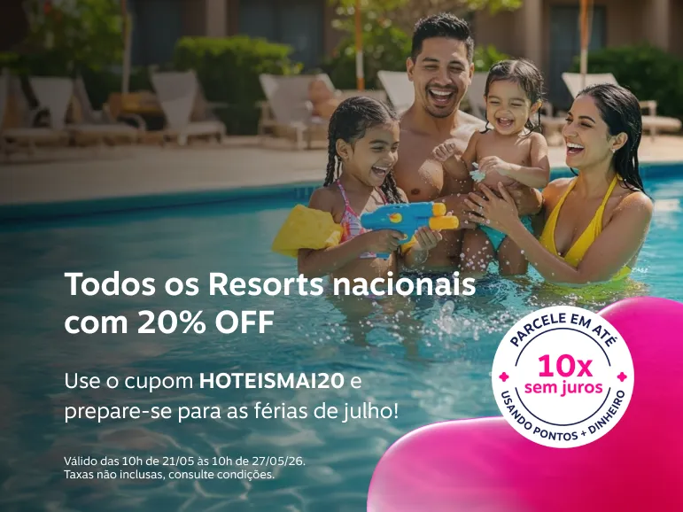 Todos os Resorts nacionais com 20% OFF. Use o cupom HOTEISMAI20 e prepare-se para as férias de julho!