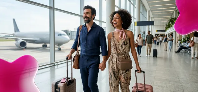 Casal caminhando de mãos dadas pelo aeroporto com suas malas, representando uma das possibilidades de trocar pontos Livelo por viagens, produtos e muito mais.