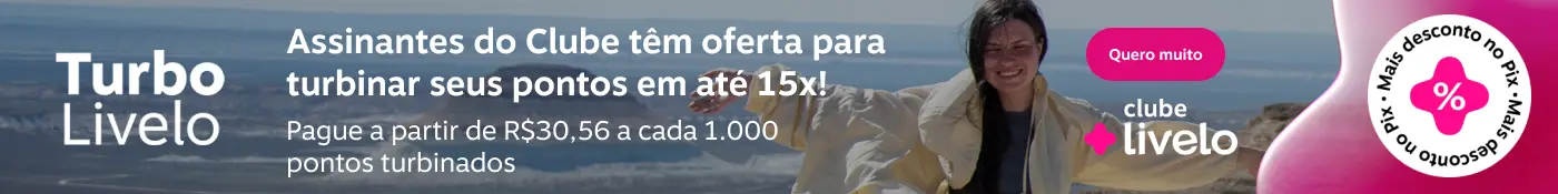 Assinantes do Clube têm oferta para turbinar seus pontos em até 15x! Pague a partir de R$30,56 a cada 1.000 pontos turbinados., imagem clicável, ir para https://www.livelo.com.br/turbo-livelo/turbinar