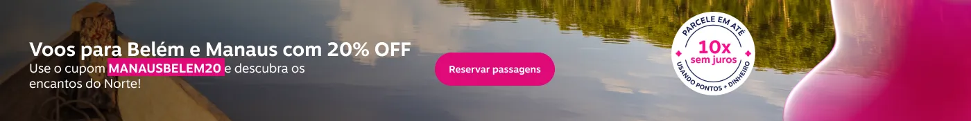 Voos para Belém e Manaus com 20% OFF. Use o cupom MANAUSBELEM20, imagem clicável, ir para https://www.livelo.com.br/ofertas-passagens?destination=BEL%2CMAO&period=1-2%2C3-6%2C7-12%2C13-20