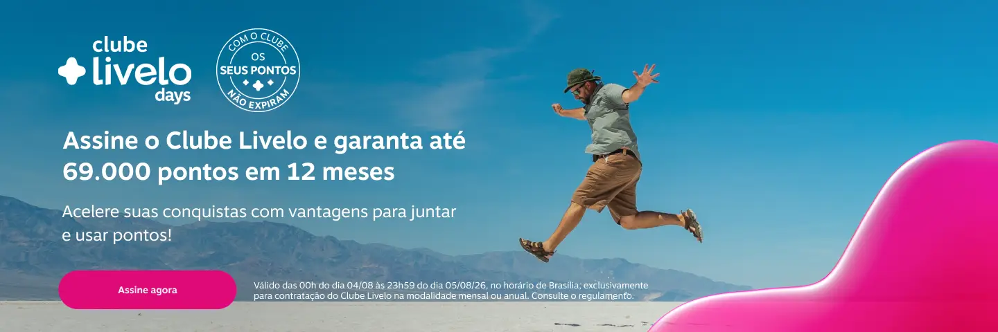 Assine o Clube Livelo e garanta até 69.000 pontos em 12 meses. Acelere suas conquistas com vantagens para juntar e usar pontos! 