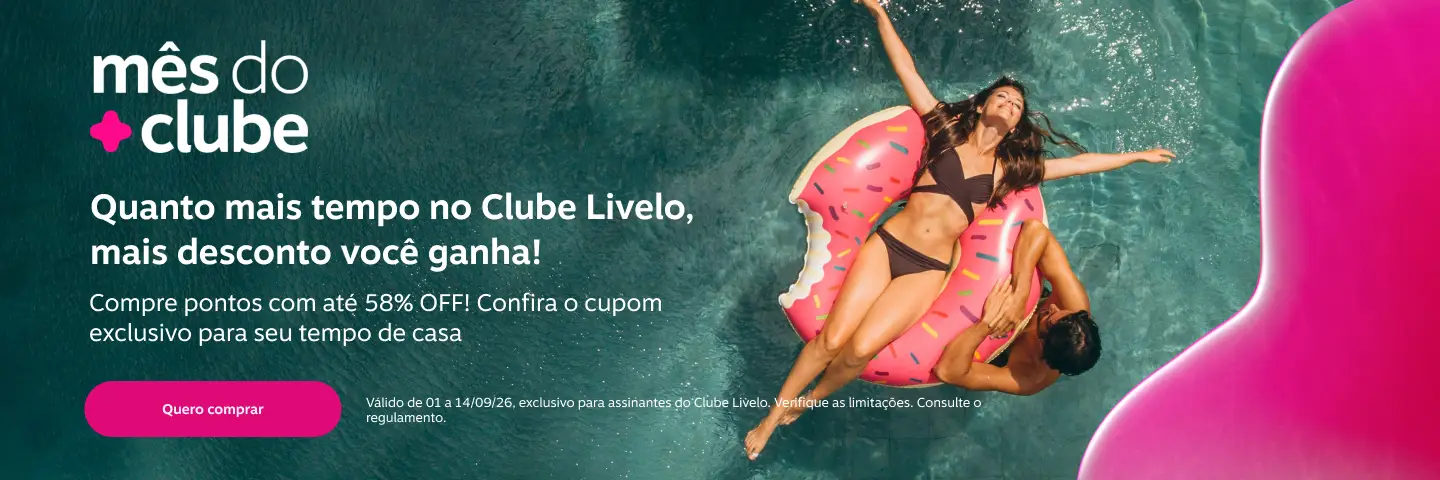 Quanto mais tempo no Clube Livelo, mais desconto você ganha! Compre pontos com até 58% OFF! Confira o cupom exclusivo para seu tempo de casa