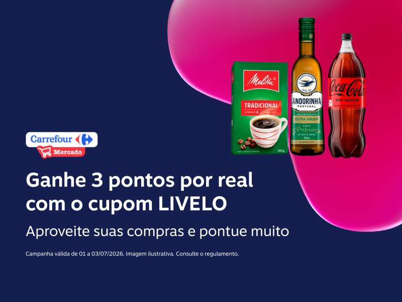 Ganhe 3 pontos por real com o cupom LIVELO no Carrefour Mercado. Aproveite suas compras e pontue muito