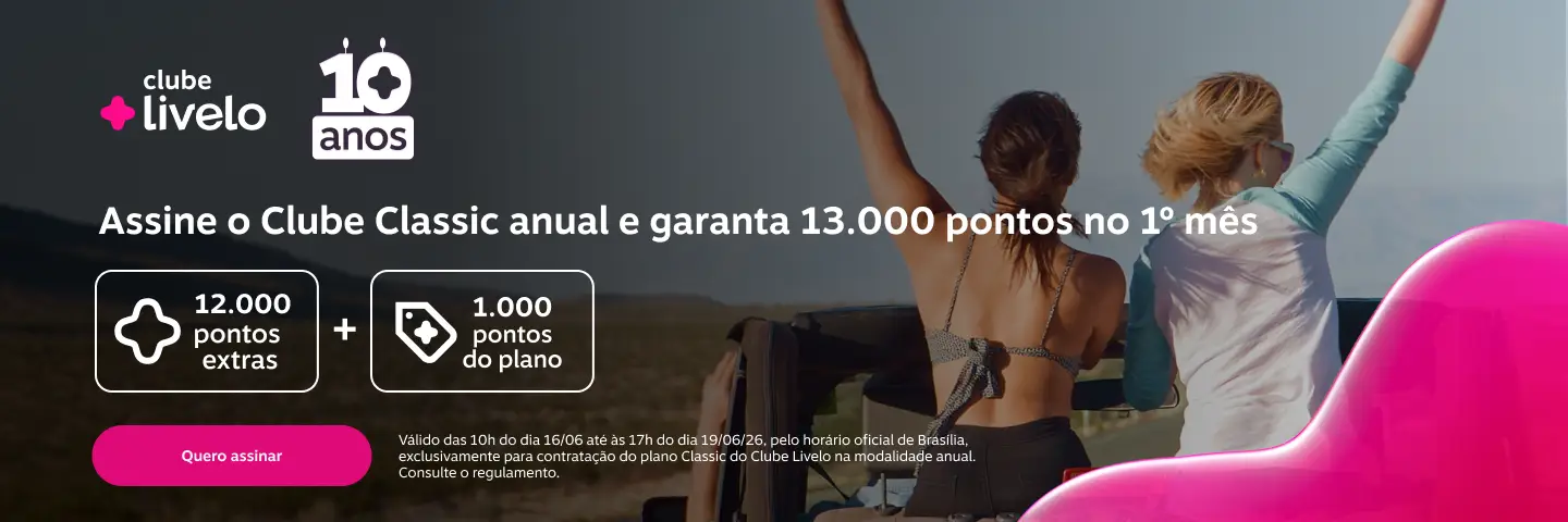 Assine o Clube Classic anual e garanta 13.000 pontos no 1º mês. 12.000 pontos extras. 1.000 pontos do plano.