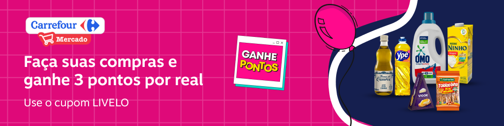 Carrefour Mercado. Faça suas compras e ganhe 3 pontos por real. Use o cupom LIVELO., imagem clicável, ir para https://www.livelo.com.br/juntar-pontos/parceiros/carrefour/CRM
