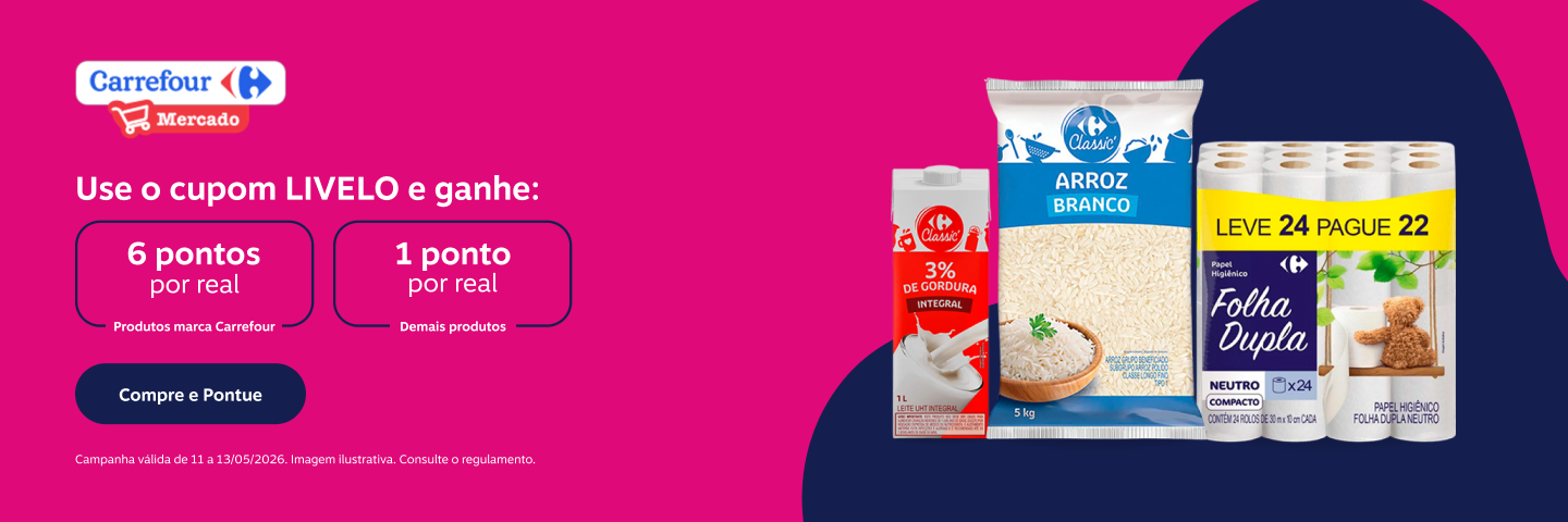 Use o cupom LIVELO e ganhe no Carrefour Mercado: 6 pontos por real em produtos marca Carrefour e 1 ponto por real demais produtos