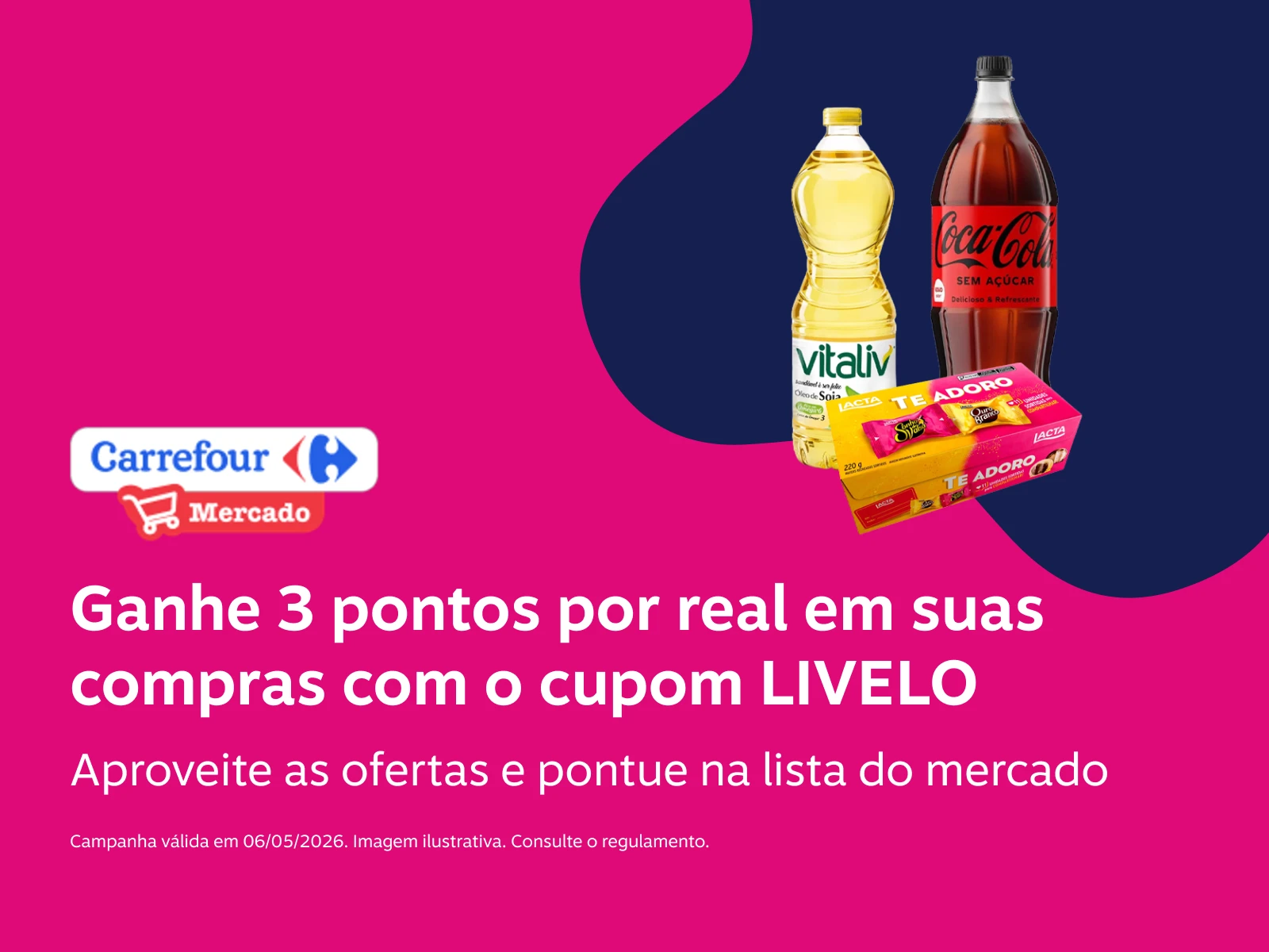 Ganhe 3 pontos por real em suas compras com o cupom LIVELO no Carrefour Mercado. Aproveite as ofertas e pontue na lista do mercado