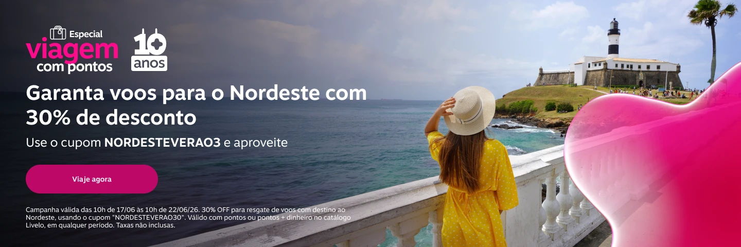 Garanta voos para o Nordeste com 30% de desconto. Use o cupom NORDESTEVERAO3 e aproveite