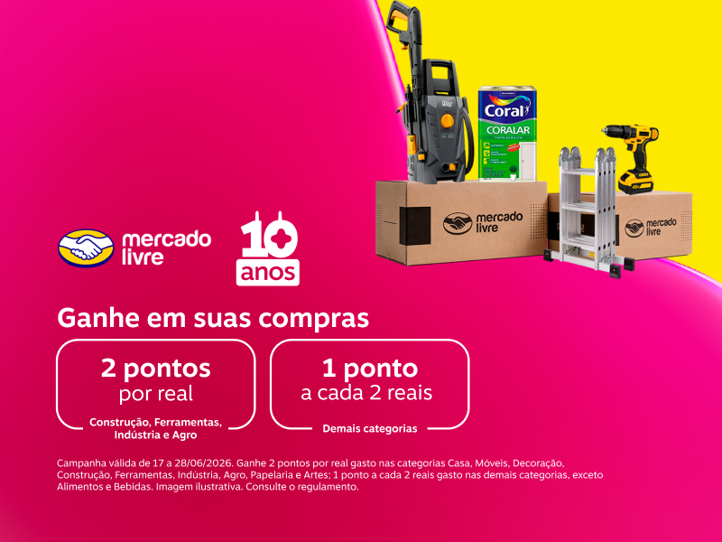 Ganhe em suas compras 2 pontos por real em Construção, Ferramentas, Indústria e Agro e 1 ponto a cada 2 reais para demais categorias e 1 ponto a cada 2 reais para demais categorias