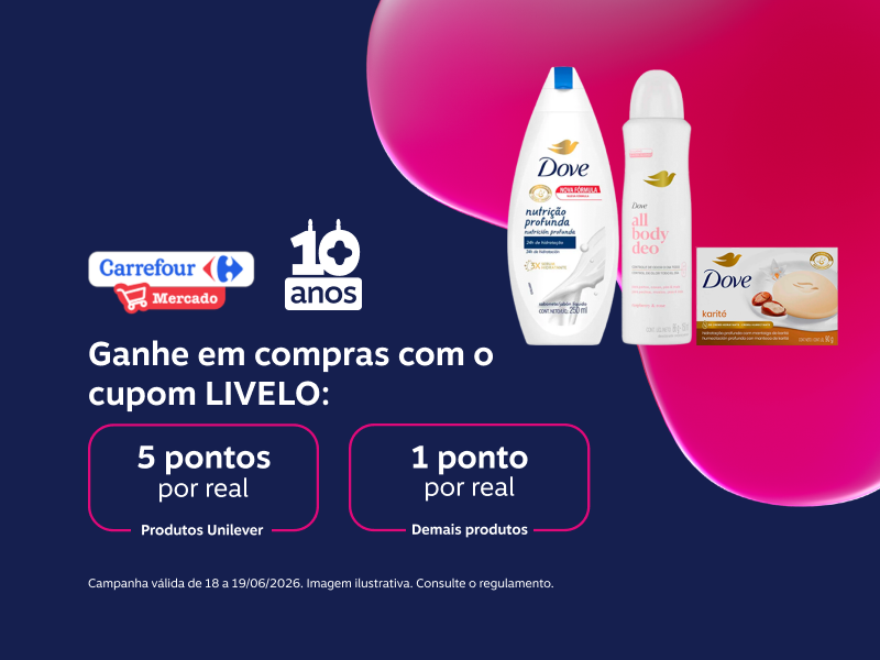 Ganhe em compras com o cupom LIVELO: 5 pontos por real em produtos Unilever e 1 ponto por real nos demais produtos