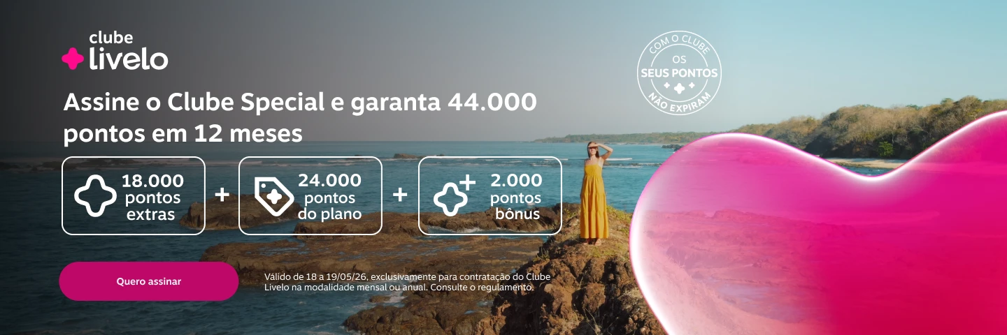 Assine o Clube Special e garanta 44.000 pontos em 12 meses. 18.000 pontos extras. 24.000 pontos do plano. 2.000 pontos bônus 